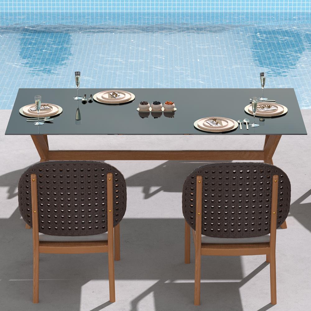 3 Pieces Teak Wood Outdoor Dining Set with Glass Top Table Rattan Armchair in Natural