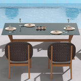 3-teiliges Ess-Set aus Teakholz für den Außenbereich mit Glastisch und Rattan-Sessel in Natur