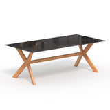 Juego de comedor de exterior de madera de teca de 3 piezas con mesa superior de vidrio y sillón de ratán en color natural