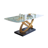 モダンな豪華な長方形のダイニングテーブル石のトップと金ステンレス鋼の台座
