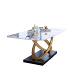 Moderna mesa de comedor rectangular de lujo con tapa de piedra y pedestal de acero inoxidable dorado