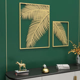 Juego de arte para el hogar con decoración de pared de oro de hoja de palma de metal de 2 piezas