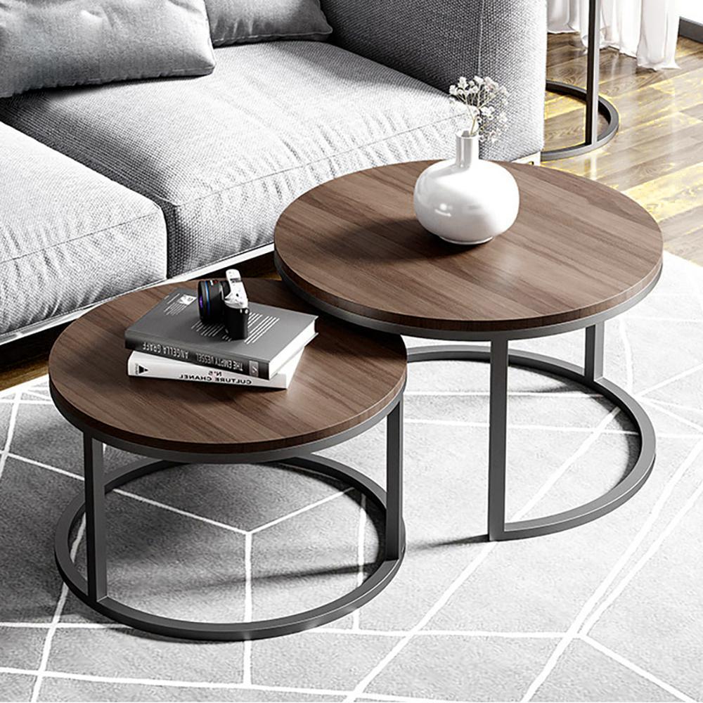 2 Pieces Modern Wood Gray & Black Round Nesting Coffee Table for Living Room