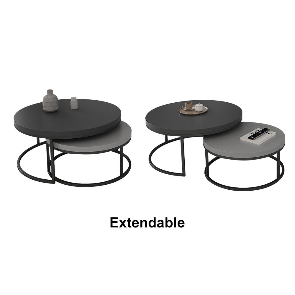 2 Pieces Modern Wood Gray & Black Round Nesting Coffee Table for Living Room