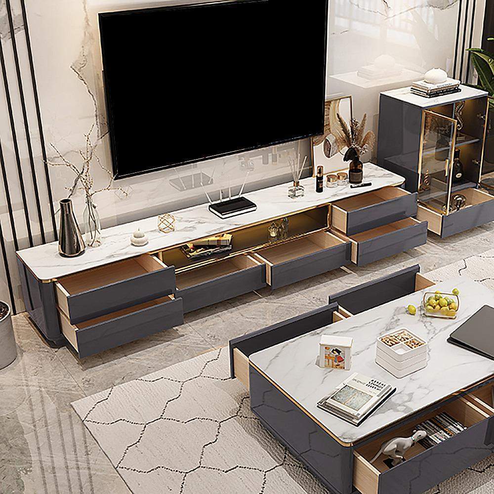 Italian White TV Stand Faux Marble Top 6-Drawer Media Console-Furniture,Living Room Furniture,TV Stands