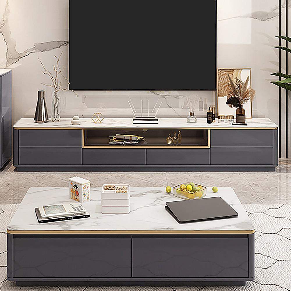 Italian White TV Stand Faux Marble Top 6-Drawer Media Console-Furniture,Living Room Furniture,TV Stands