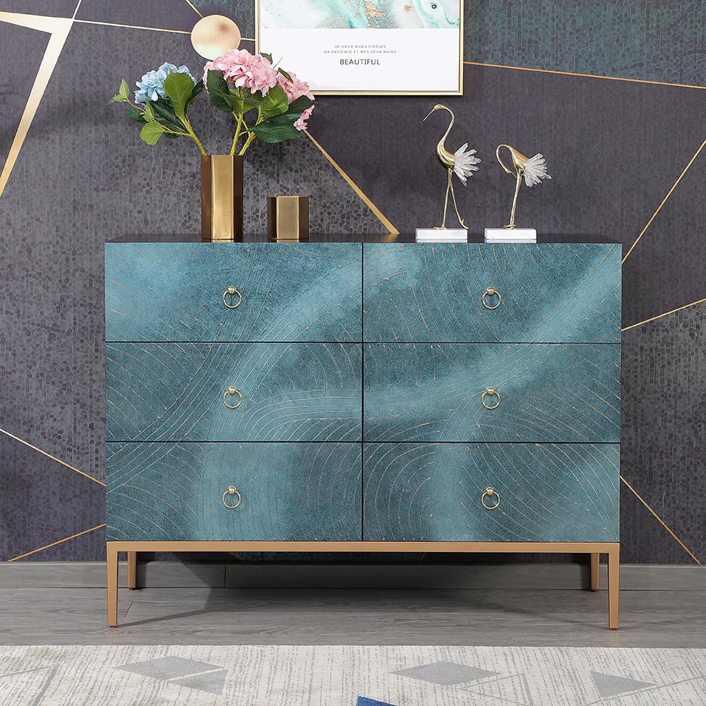 47" Blue-Green Dresser Artistic 6-Drawer Bedroom Cabinet in Gold