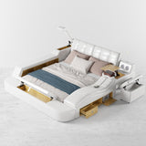 سرير جلدي ذكي أبيض أبيض مع شاحن ومتكلم ومكبر صوت