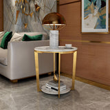 Table d'extrémité ronde en marbre faux pour salon avec étagère de rangement en acier inoxydable en or