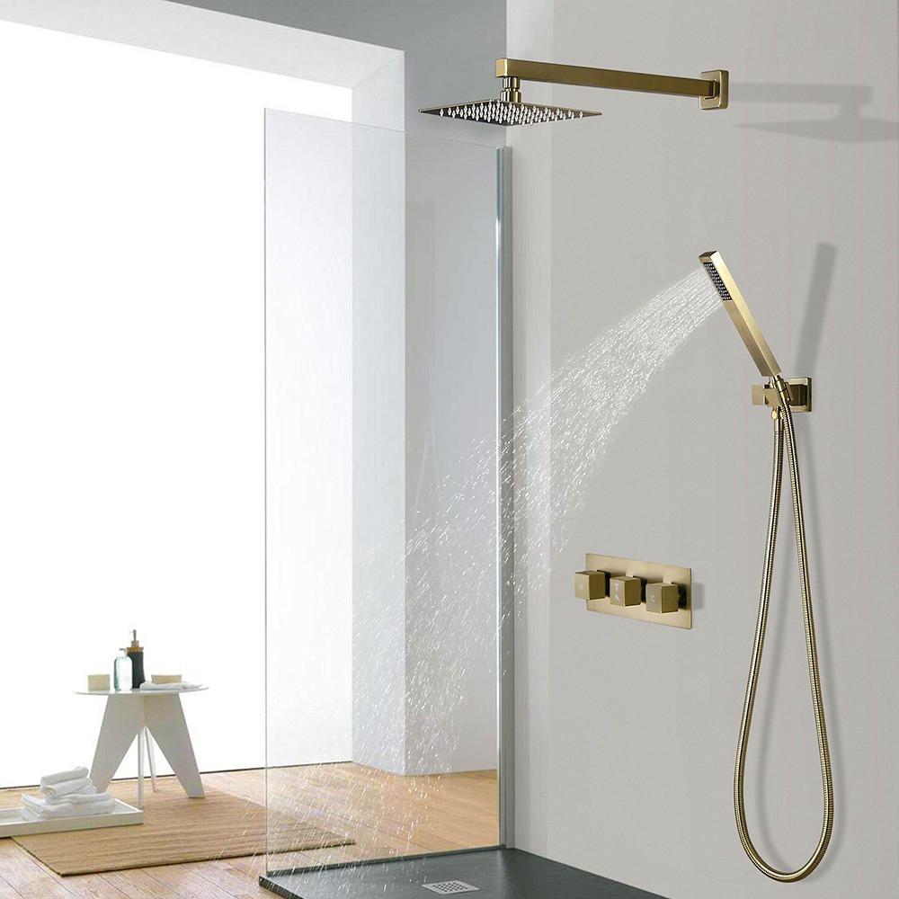 Modern Luxury 8" Wall Mounted Solid Brass Shower System with Hand Shower in Brushed Gold