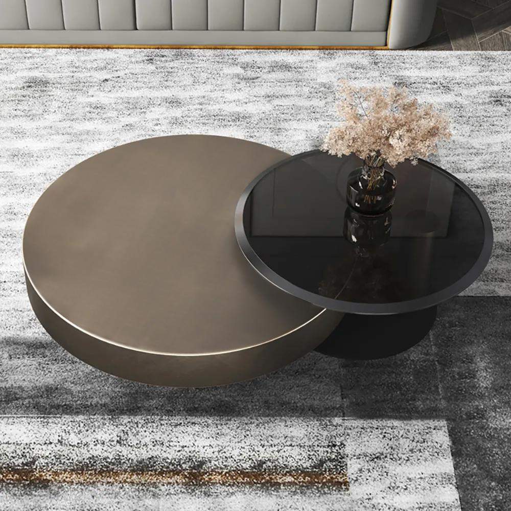 Modern Gold & Black 2-Piece Round Nesting Coffee Table Set with Tempered Glass Top-Richsoul-Coffee Tables,Furniture,Living Room Furniture