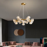 Modern 20-Light Round Brass Chandelier with Crystal Shade for Living Room