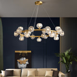 Modern 20-Light Round Brass Chandelier with Crystal Shade for Living Room