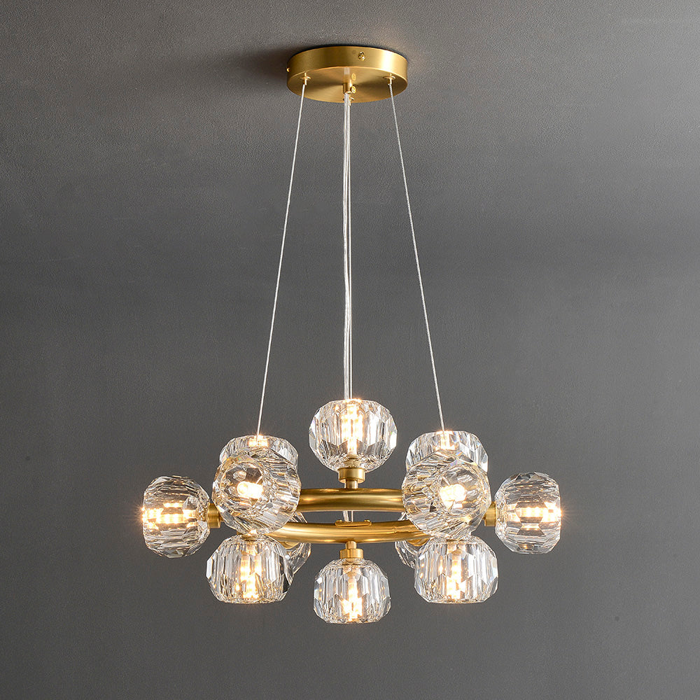 Modern 20-Light Round Brass Chandelier with Crystal Shade for Living Room
