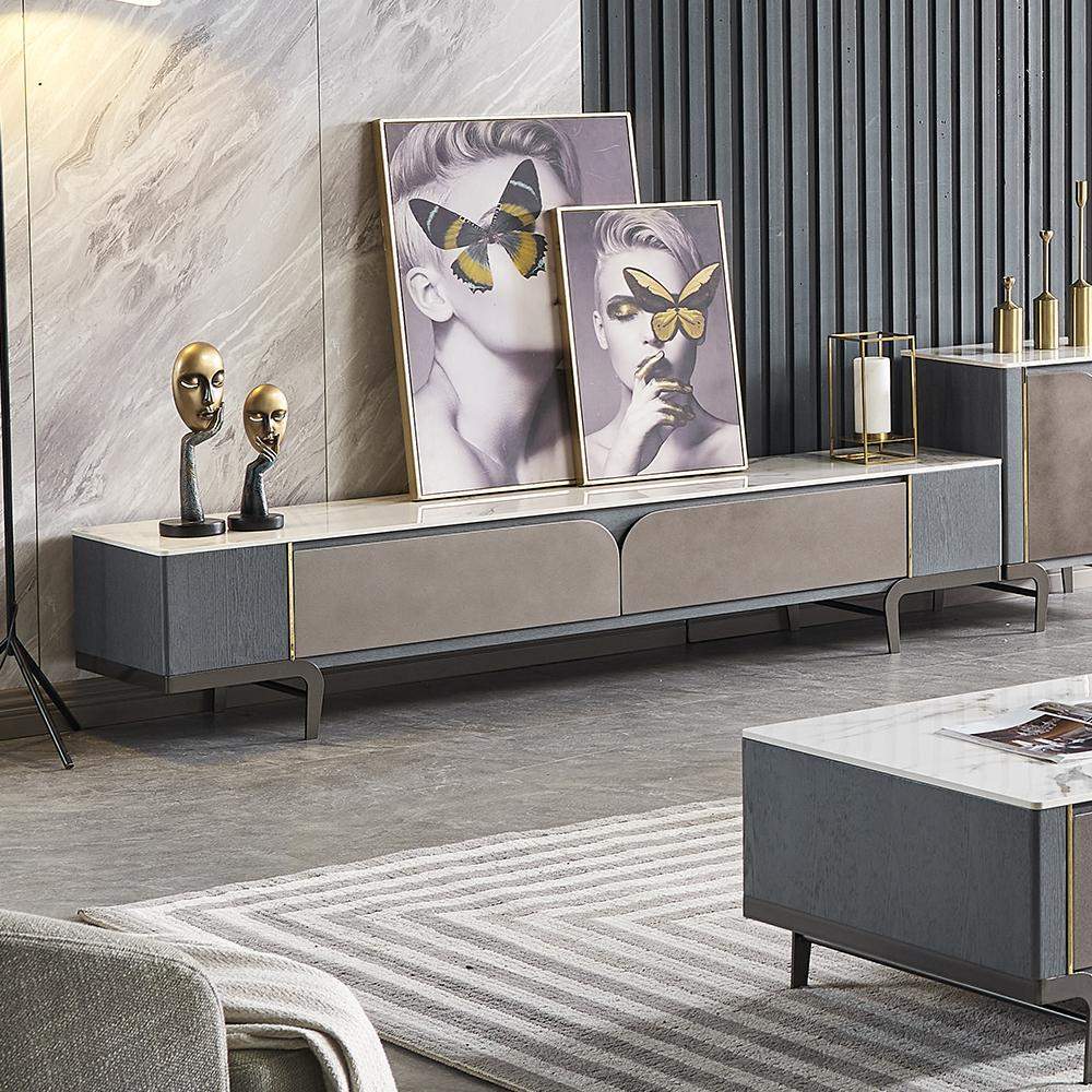 Modern TV Stand for 85 inch TVs with White Stone Top & Blue & Gray Drawers-Furniture,Living Room Furniture,TV Stands