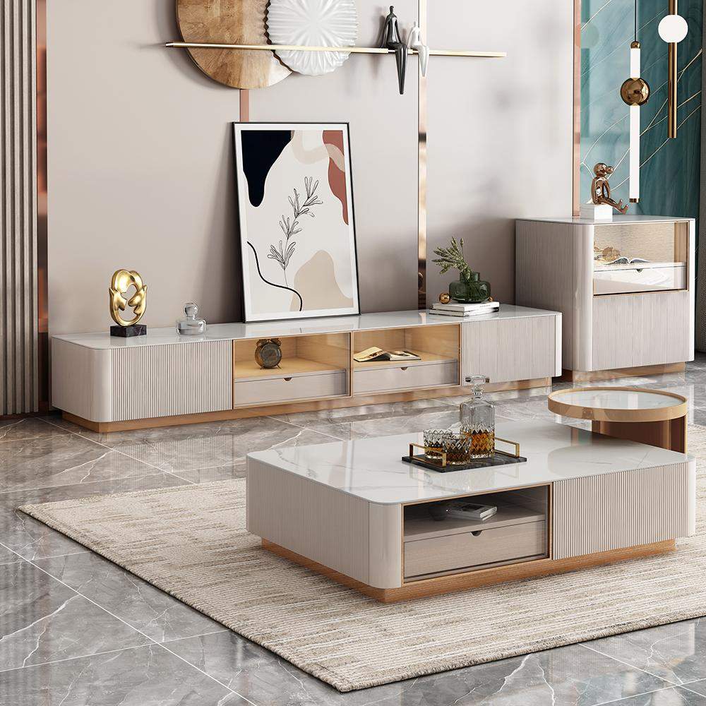 Rectangular Stone Top TV Console with Storage in White-Richsoul-Furniture,Living Room Furniture,TV Stands