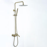 Accesorio de ducha tipo lluvia expuesto en oro cepillado con ducha de mano y grifo de ducha de latón macizo