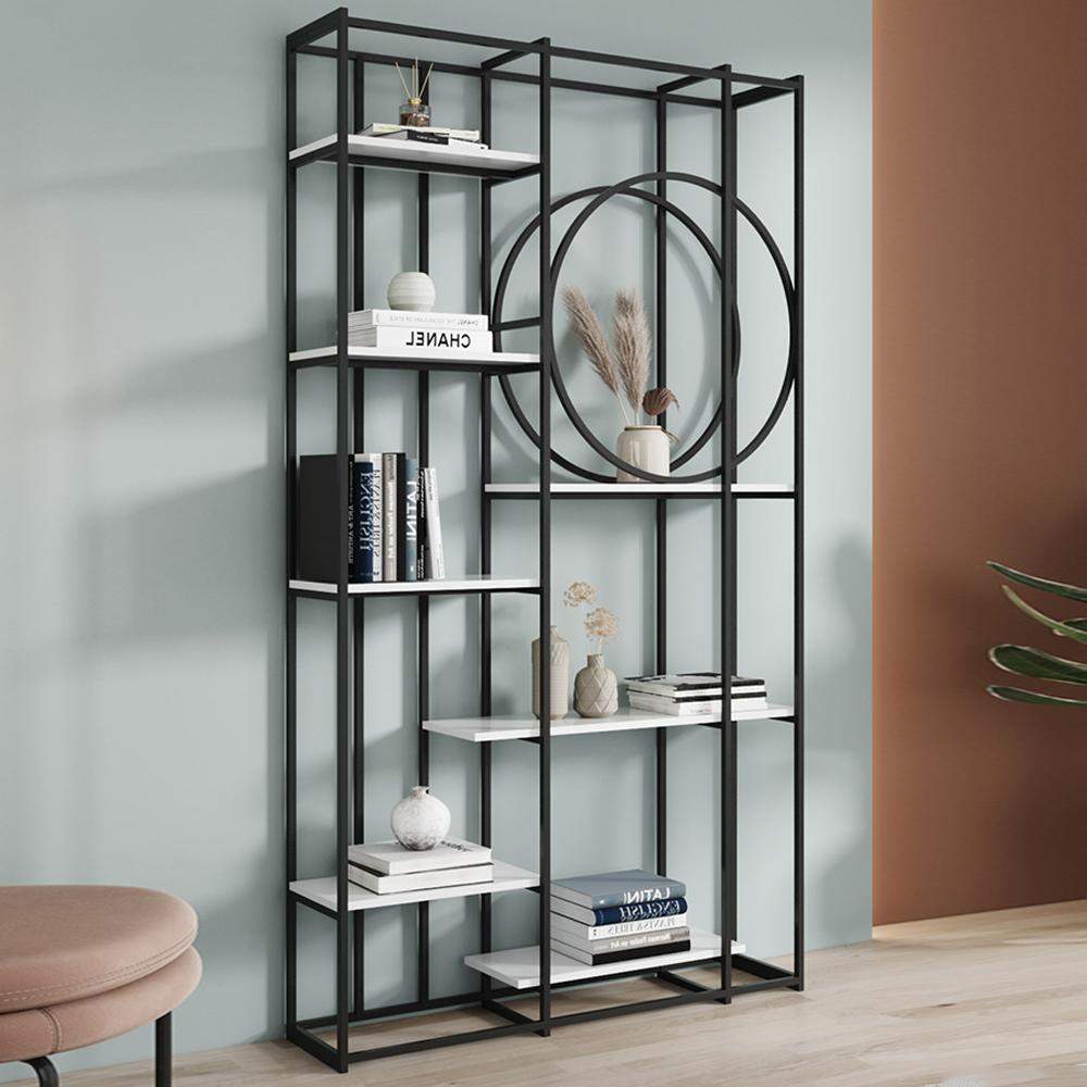 Modern 7-Tier Rectangle Freestanding Geometric Bookshelf in Gold & White-Bookcases &amp; Bookshelves,Furniture,Office Furniture