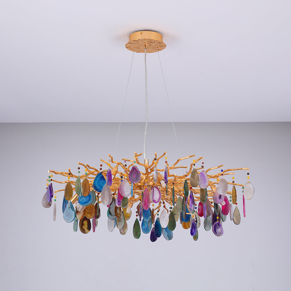 Modern 8-Light Branching Agate Chandelier with Adjustable Cables in Gold