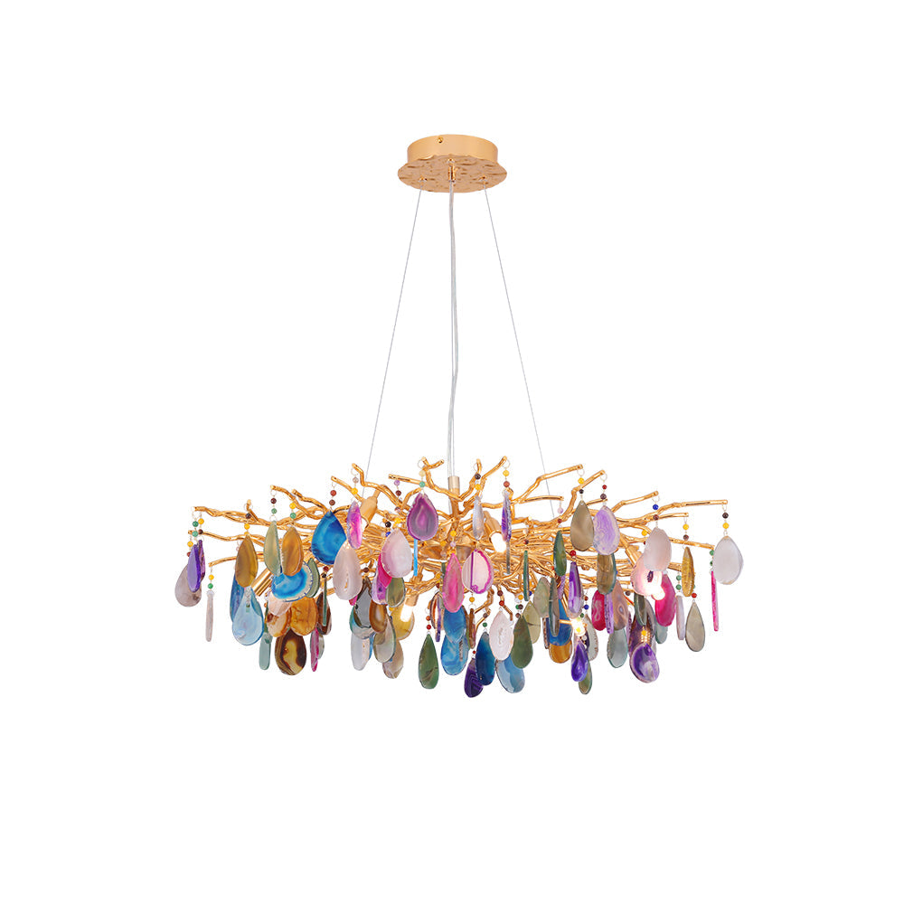 Modern 8-Light Branching Agate Chandelier with Adjustable Cables in Gold