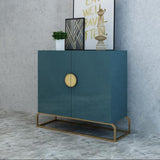 Gabinete de almacenamiento de mesa de consola azul pavo real de 2 puertas Entrada Acento dorado