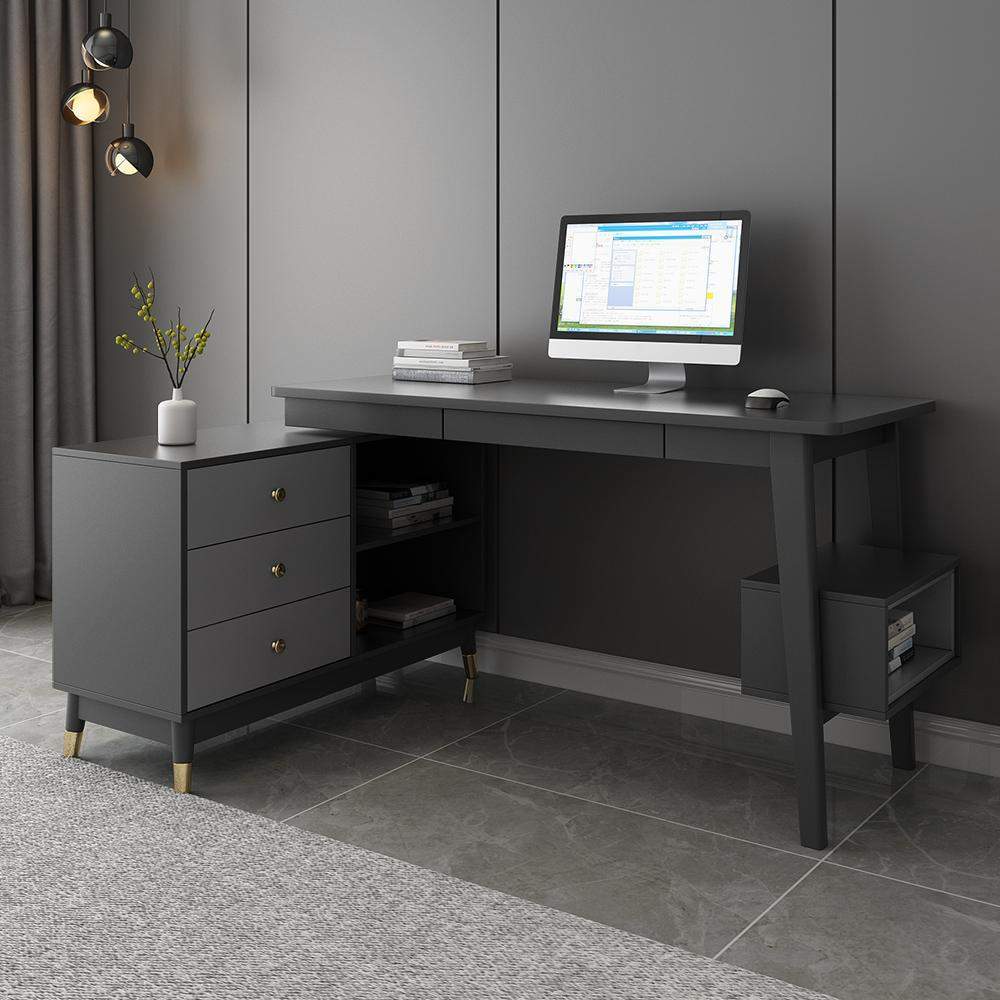 Walnut Reversible L-Shaped Desk Computer Desk with Drawers & Shelf-Desks,Furniture,Office Furniture