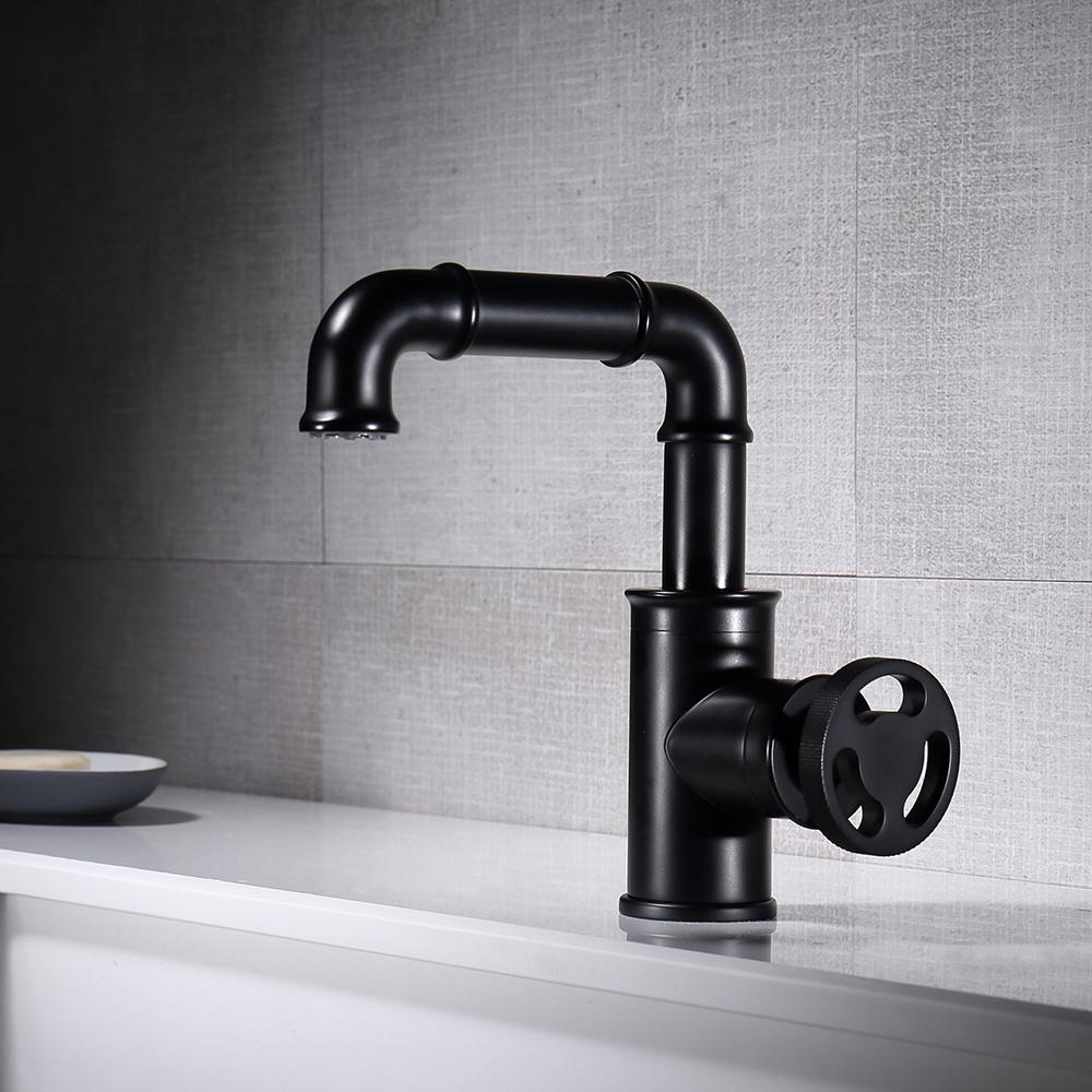 Ruth Industrial Pipe 1-Hole Bathroom Sink Faucet Single Handle Solid Brass in Black