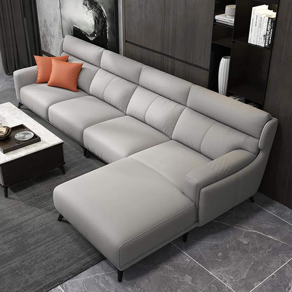 129.9" Light Gray Faux Leather Sectional Sofa with Right Chaise L-Shape-Furniture,Living Room Furniture,Sectionals