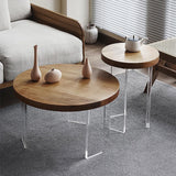 2 Piece Mid Century Modern Pine Wood & Acrylic Round Coffee Table Set in Natural