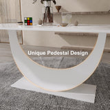 71" White Faux Marble Dining Table for 8 Crescent Base Sintered Stone
