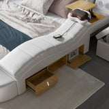 سرير جلدي ذكي أبيض أبيض مع شاحن ومتكلم ومكبر صوت