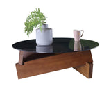 Round Coffee Table in Black & Walnut with Glass Top & Pine Wood Geometric Base