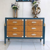 50" Modern Blue Dresser Accent Cabinet with 6 Drawers and Shell Pulls in Gold