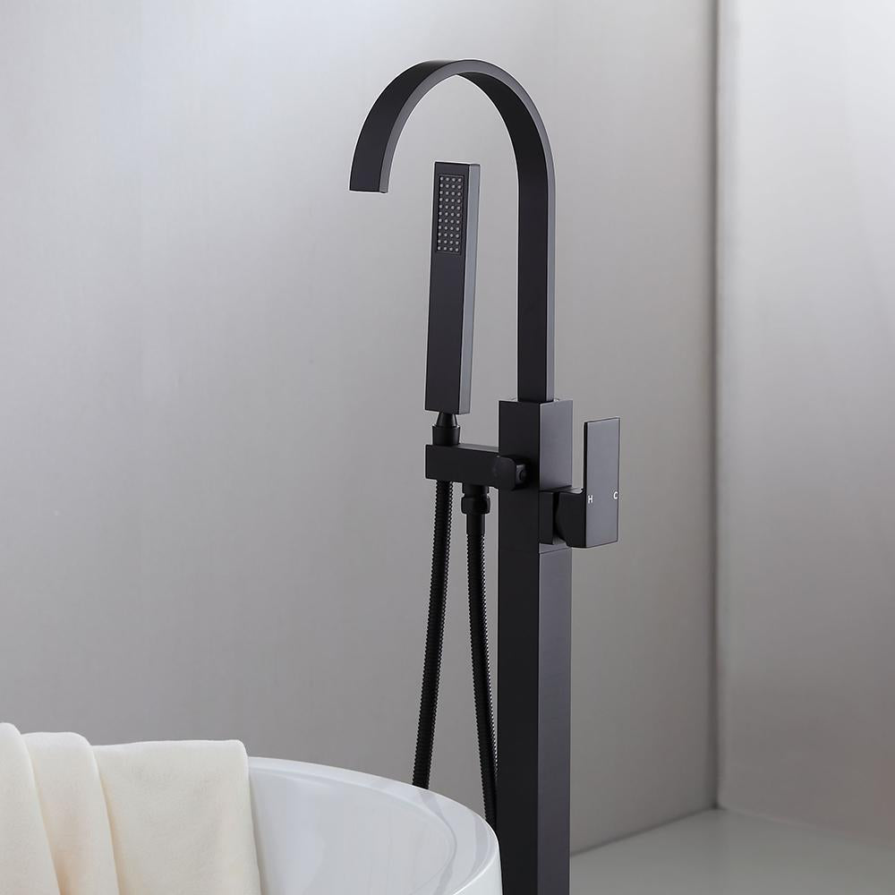 Freestanding Matte Black Bathtub Filler Faucet and Handheld Shower with High-Arc Spout