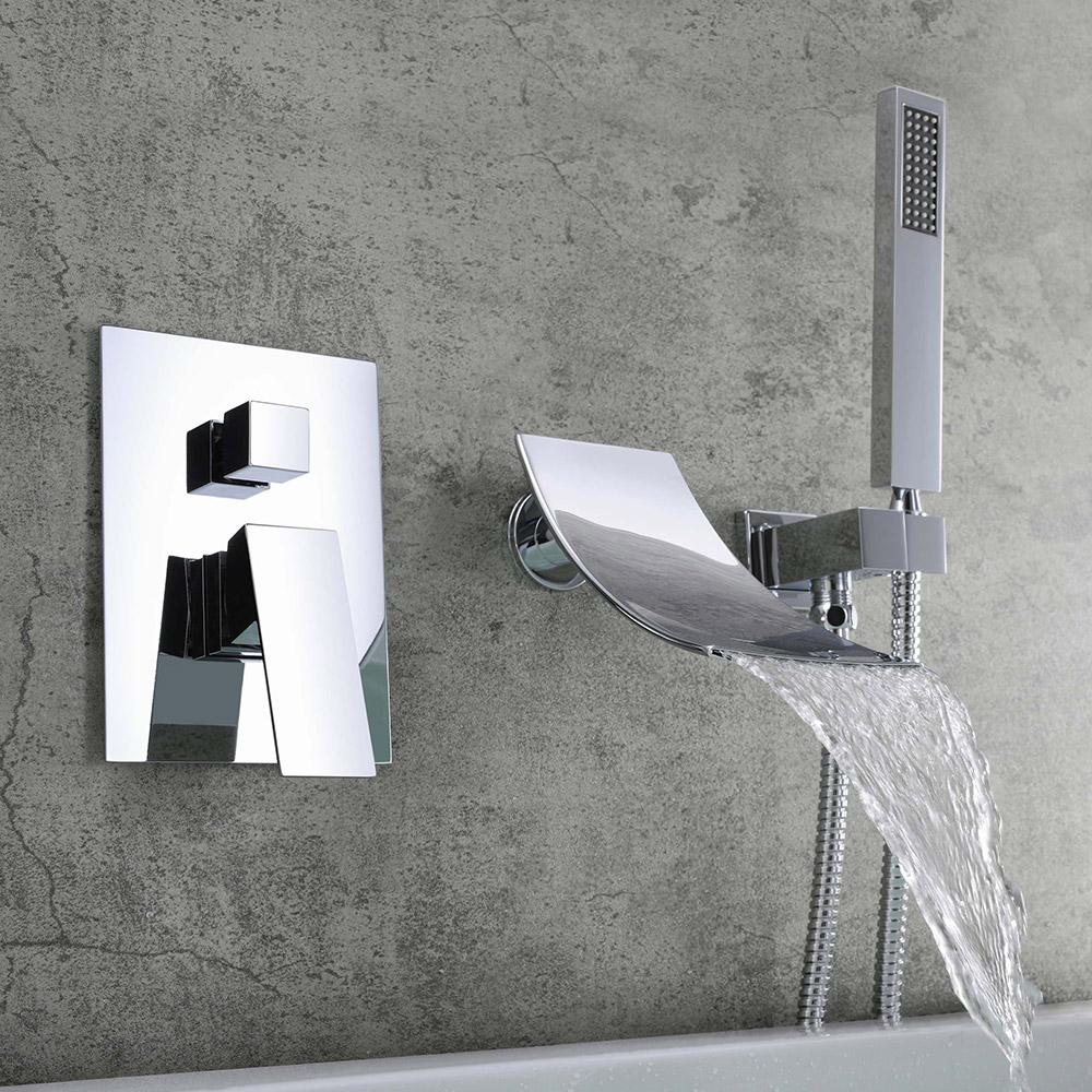 Modern Waterfall Wall-Mount Tub Filler Faucet Single Handle & Handshower in Matte Black