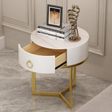 Modern Round Nightstand with 1 Drawer White Nightstand Bedside Table with Gold Frame