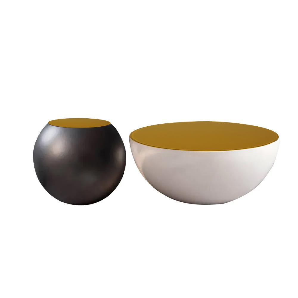 Modern Black & White Bowl-Shaped & Drum Shaped Coffe Table Set with Round Brown Top