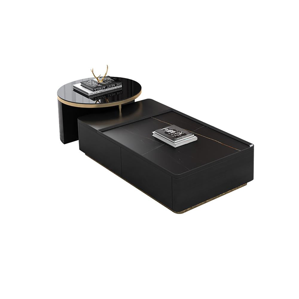 Modern Black Nesting Sintered Stone & Glass Coffee Table with 4 Storage Drawers Set of 2