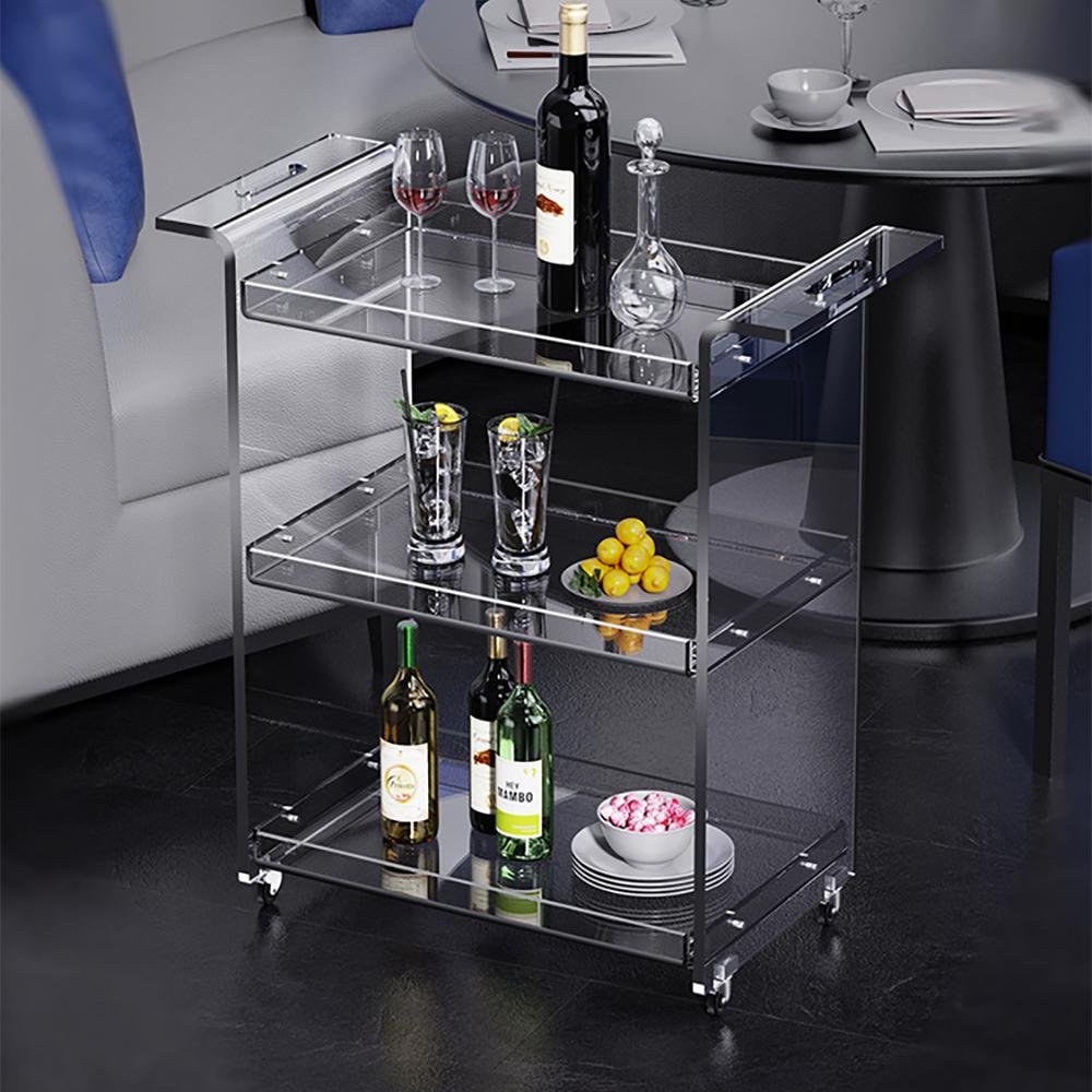 Modern Acrylic Rolling Serving Bar Cart 3-Tier Trolley End Table with Handles