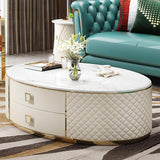 Orand Modern White Oval Marble Top Coffee Table Microfiber Leather with 2 Drawers