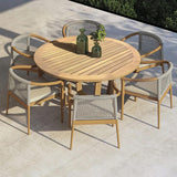 Juego de comedor exterior de teca de 7 piezas Mesa de comedor redonda de madera con 6 sillas en color natural
