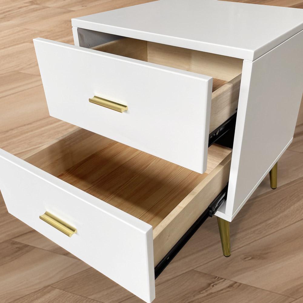 Modern Wood Nightstand with Gold Legs 2-Drawer Bedside Table in White-Wehomz