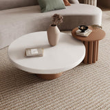 Table basse en bois ronde 2 pièces avec base cannelée en blanc et noyer