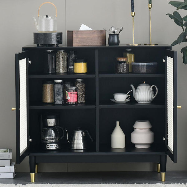 Black Rattan Accent Cabinet 2-Door Sideboard Buffet With Adjustable ...