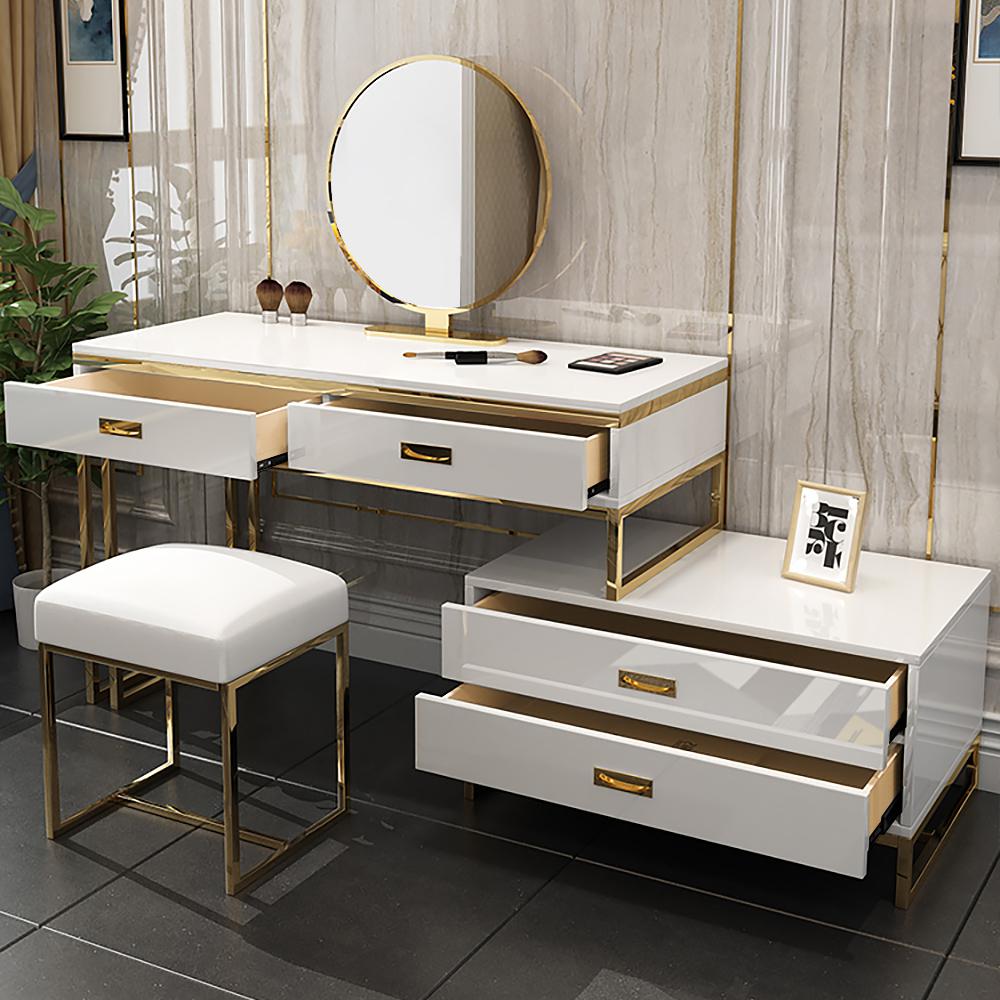 Modern White Makeup Vanity Expandable Dressing Table with Cabinet  Mirror&Stool Included - Default