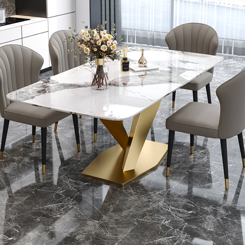 78.7" Modern White Rectangular Stone Dining Table with Double Bronze Pedestals