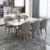 78.7" Modern White Rectangular Stone Dining Table with Double Bronze Pedestals