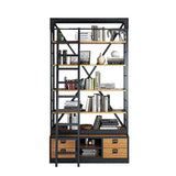Industrial Wood Bookshelf 5-Tiered Storage Ladder Bookcase with 4 Drawers-Bookcases &amp; Bookshelves,Furniture,Office Furniture