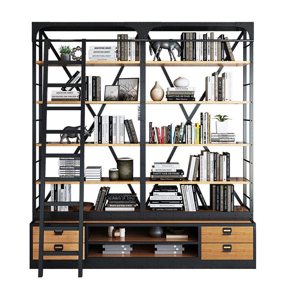 Industrial Wood Bookshelf 5-Tiered Storage Ladder Bookcase with 4 Drawers-Bookcases &amp; Bookshelves,Furniture,Office Furniture