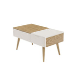 Mesa de centro rectangular de madera blanca y natural con cajón y mesa de almacenamiento con tapa elevable
